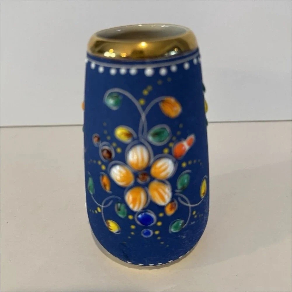 Hand Painted AVA Alcobaca Portugal Floral Blue & Gold Ceramic Vase 4.5 in
